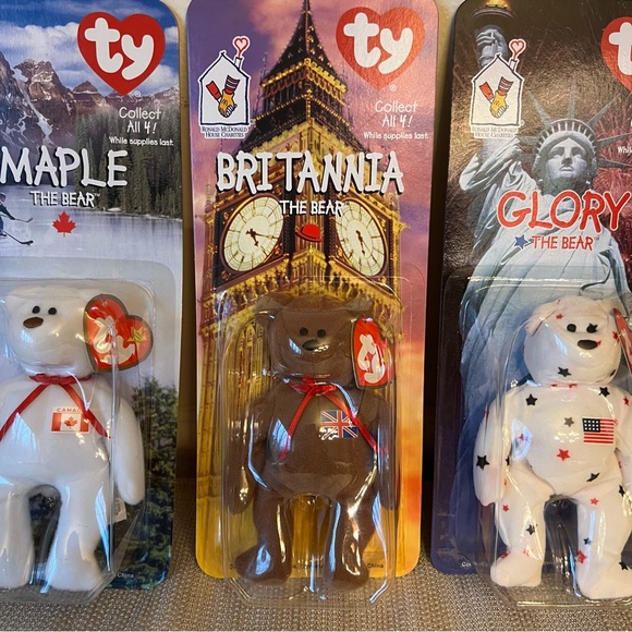 RARE McDonald's Brittania Erin Glory & Maple TY Beanie Babies Bear Complete Set - Picture 3 of 16